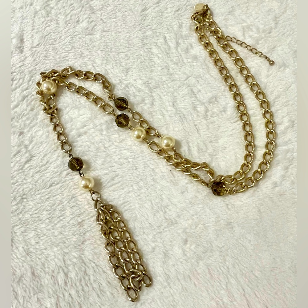 Lia Sophia Curtain Call Brushed Goldtone Chain Necklace 34" Pearl Tasse…